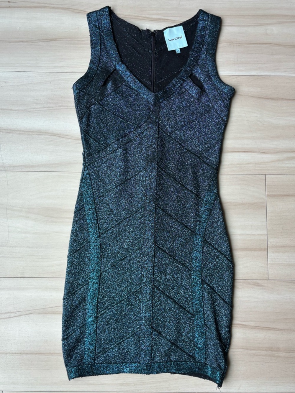 La Cite Black & Teal Glitter Bodycon Dress - Size XS